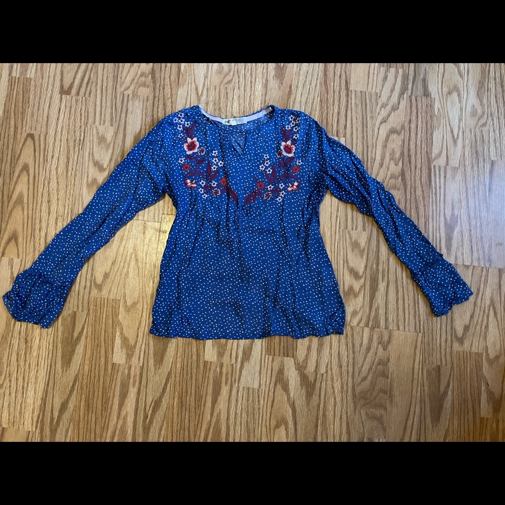 Blue long sleeve shirt with bow